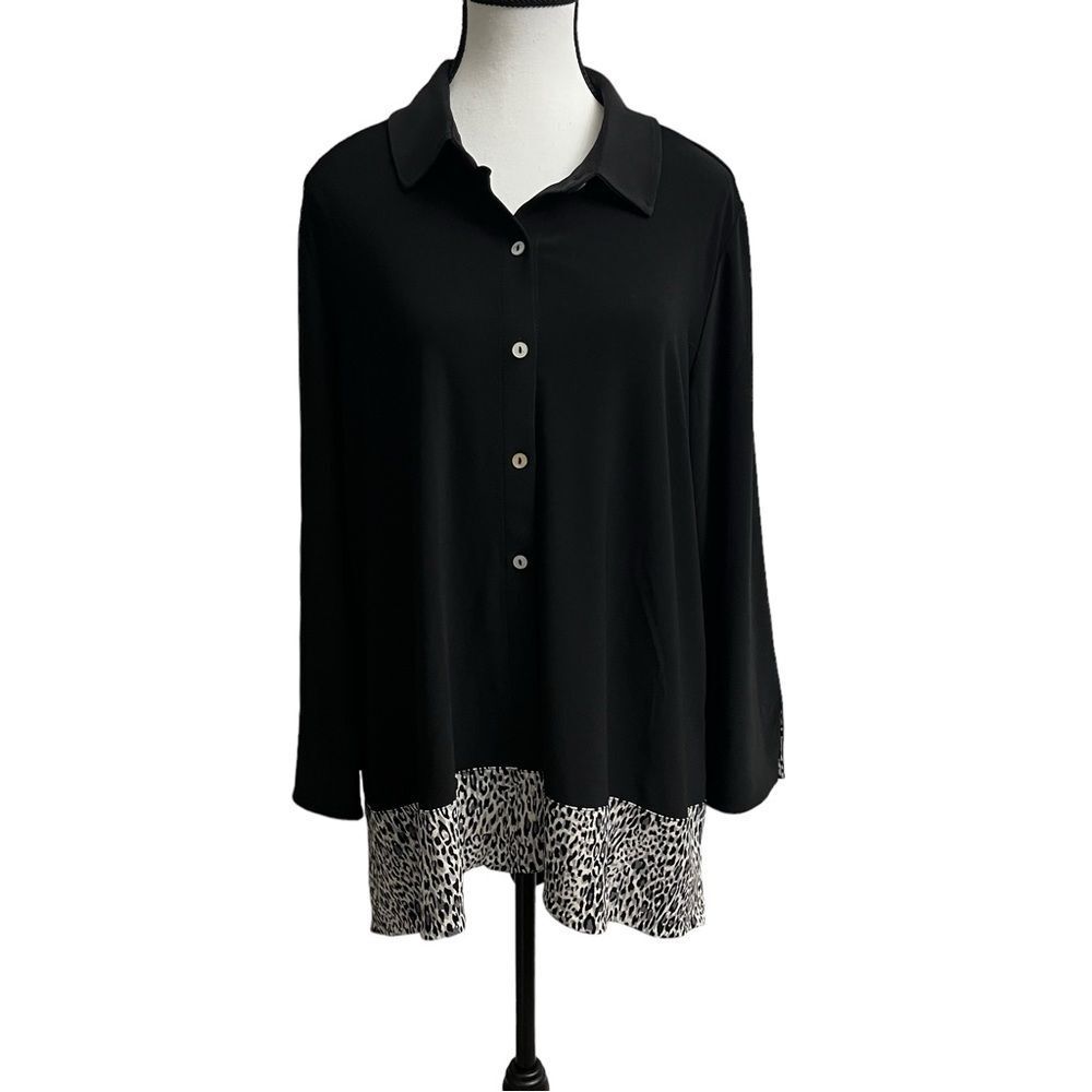 DENNIS by DENNIS BASSO Italia Knit Front Button Cardigan W/Animal Print Hem Med